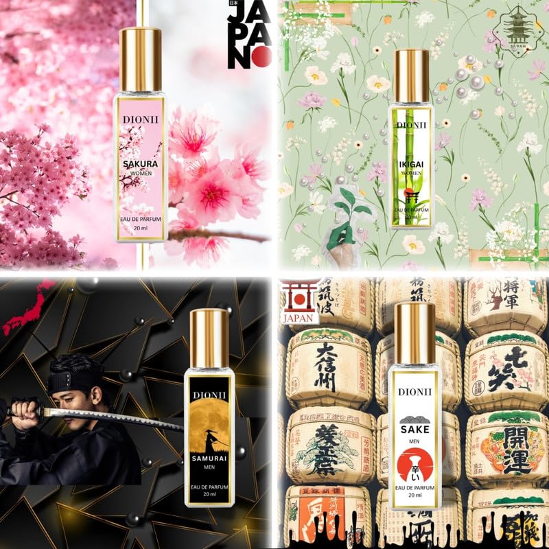 Dionii JAPAN EDIT Eau De Parfum Gift Set for Men and Women | SAKURA, IKIGAI, SAMURAI, SAKE | Long Lasting Fragrance (4 x 20ml Each)