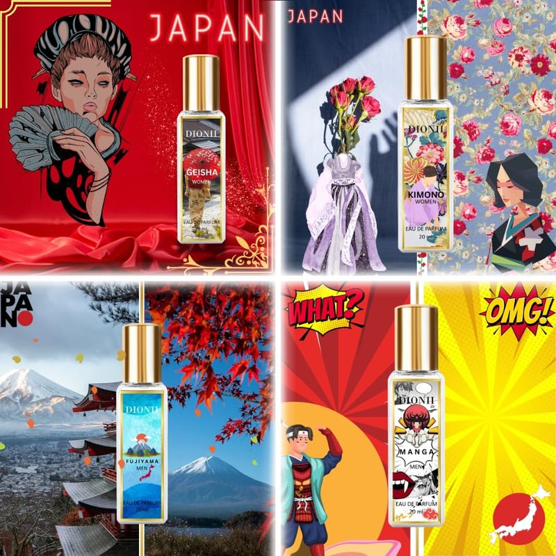 Dionii JAPAN EDIT Eau De Parfum Gift Set for Men and Women | GEISHA, KIMONO, FUJIYAMA, MANGA | Long Lasting Fragrance (4 x 20ml Each)