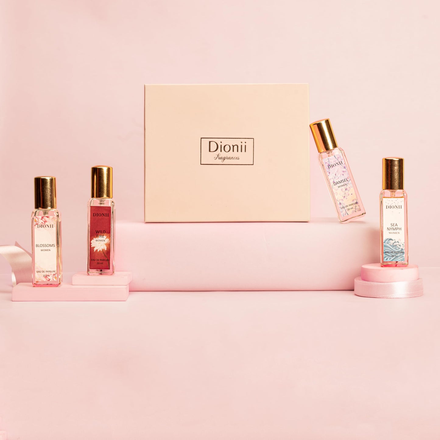 Dionii Eau De Parfum Gift Set for Women | BLOSSOMS, WILD FIRE, SEA NYMPH, DAMSEL Perfume Set | Long Lasting Fragrance (4 x 20ml Each)