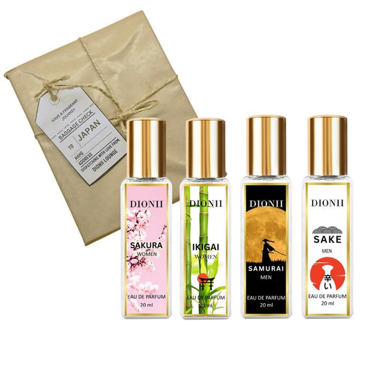 Dionii JAPAN EDIT Eau De Parfum Gift Set for Men and Women | SAKURA, IKIGAI, SAMURAI, SAKE | Long Lasting Fragrance (4 x 20ml Each)