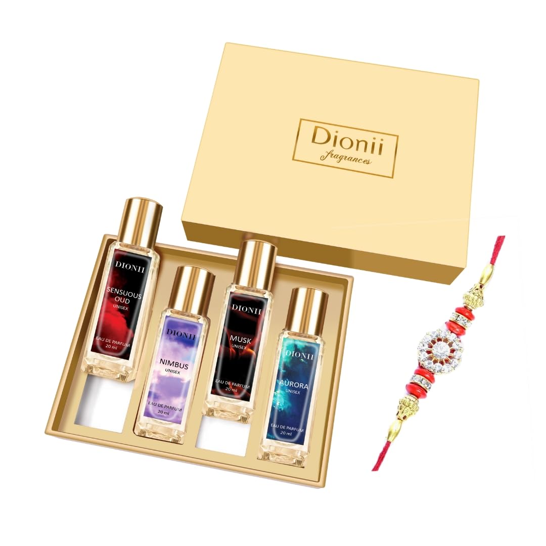 Dionii Eau De Parfum Rakhi Gift Set for Unisex | MUSK, AURORA, SENSUOUS OUD, NIMBUS Perfume | Long Lasting Fragrance (4 x 20ml Each)