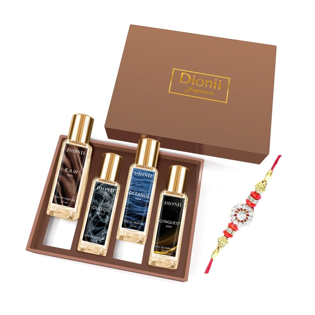 Dionii Eau De Parfum Rakhi Gift Set for Men | OUD OG, R.A.W, CONQUEST, OCENOS Perfume | Long Lasting Fragrance (4 x 20ml Each)