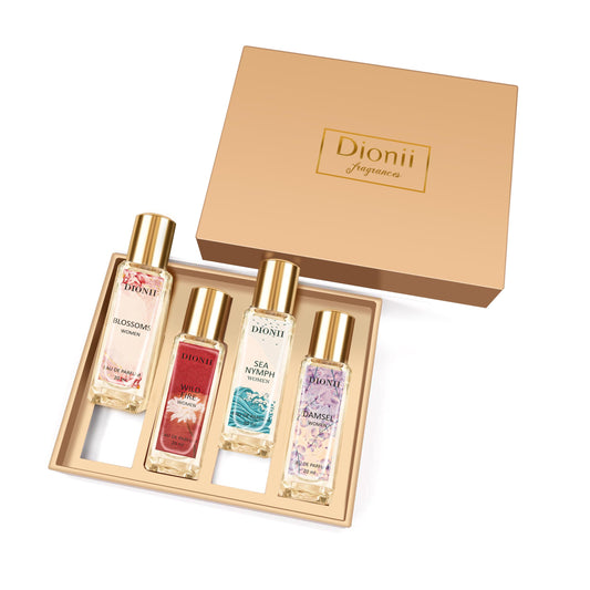 Dionii Eau De Parfum Gift Set for Women | BLOSSOMS, WILD FIRE, SEA NYMPH, DAMSEL Perfume Set | Long Lasting Fragrance (4 x 20ml Each)