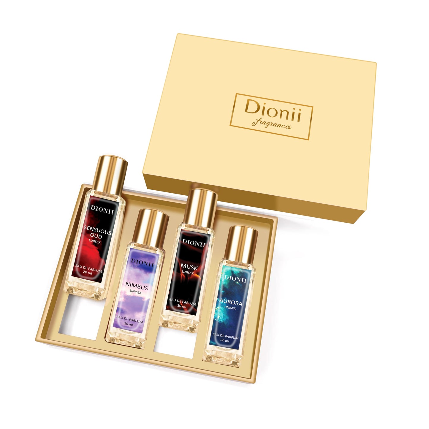 Dionii Eau De Parfum Gift Set for Men and Women | MUSK, AURORA, SENSUOUS OUD, NIMBUS Perfume Set | Long Lasting Fragrance (4 x 20ml Each)