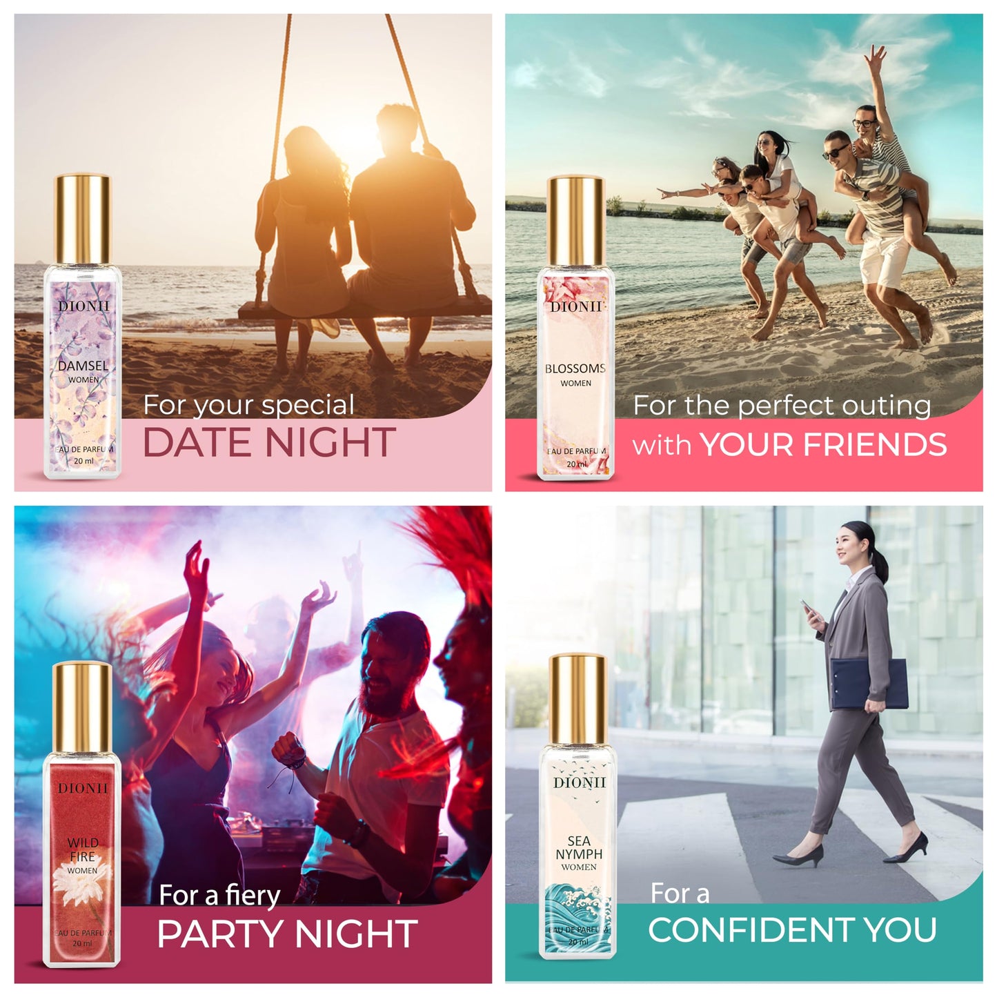 Dionii Eau De Parfum Gift Set for Women | BLOSSOMS, WILD FIRE, SEA NYMPH, DAMSEL Perfume Set | Long Lasting Fragrance (4 x 20ml Each)