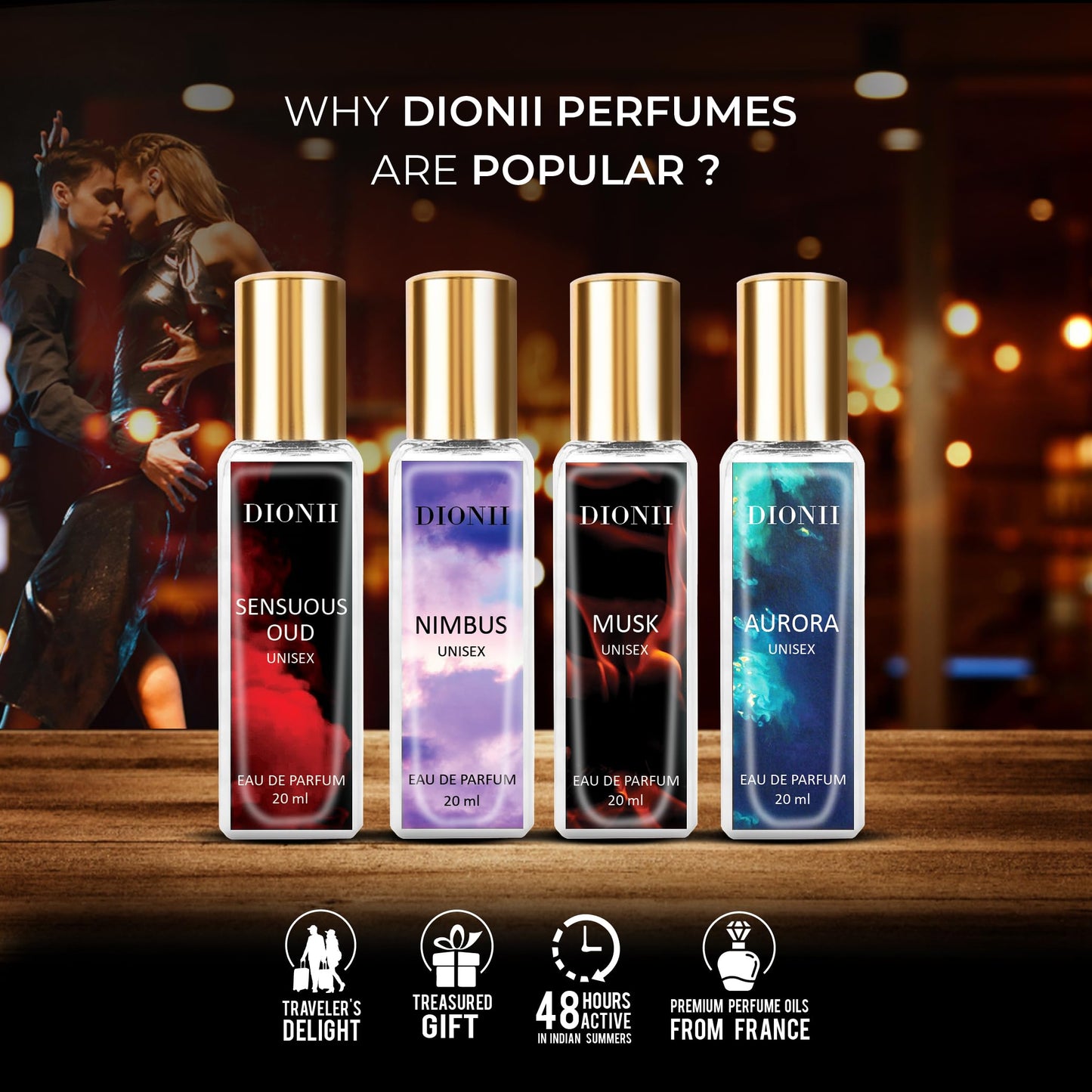Dionii Eau De Parfum Rakhi Gift Set for Unisex | MUSK, AURORA, SENSUOUS OUD, NIMBUS Perfume | Long Lasting Fragrance (4 x 20ml Each)