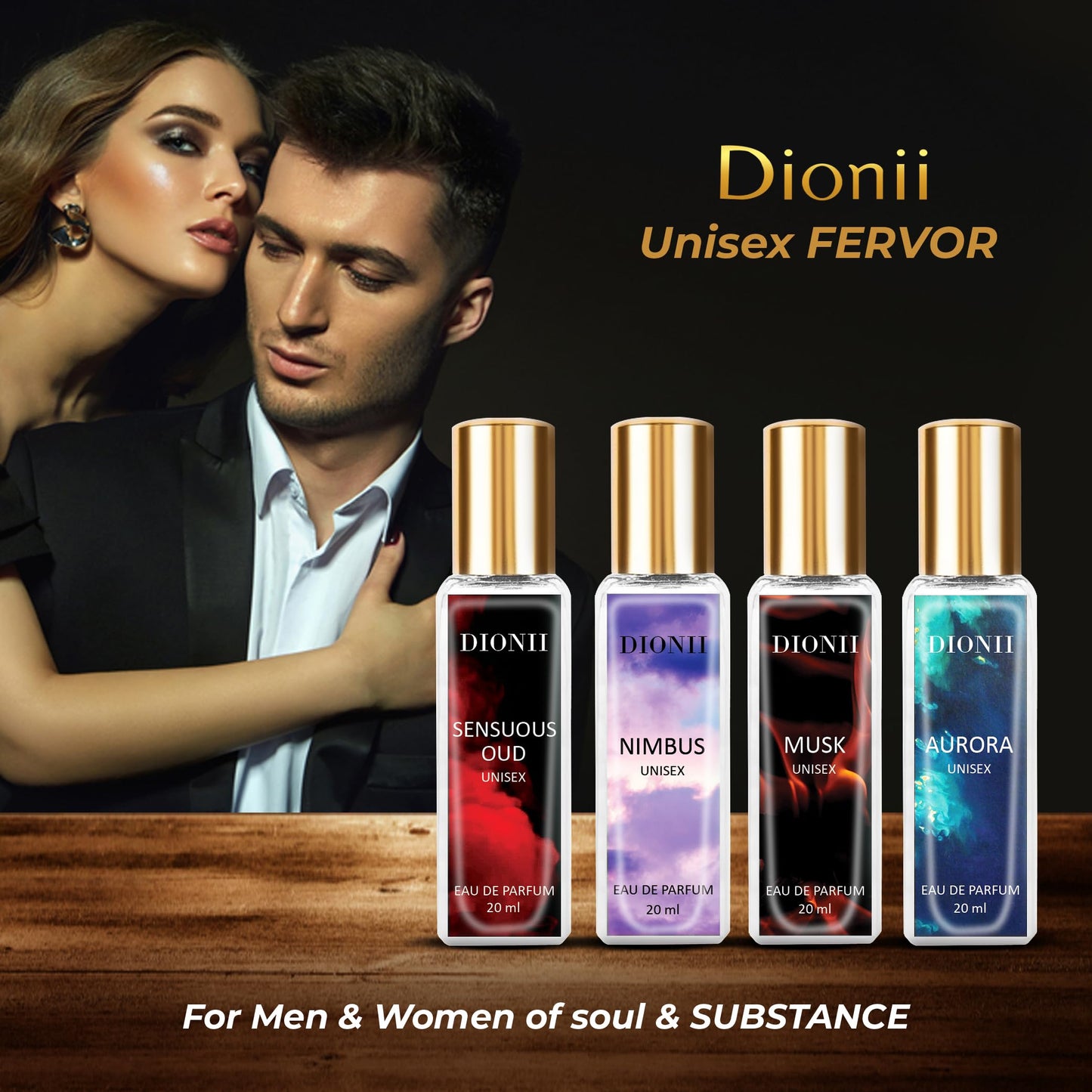 Dionii Eau De Parfum Gift Set for Men and Women | MUSK, AURORA, SENSUOUS OUD, NIMBUS Perfume Set | Long Lasting Fragrance (4 x 20ml Each)