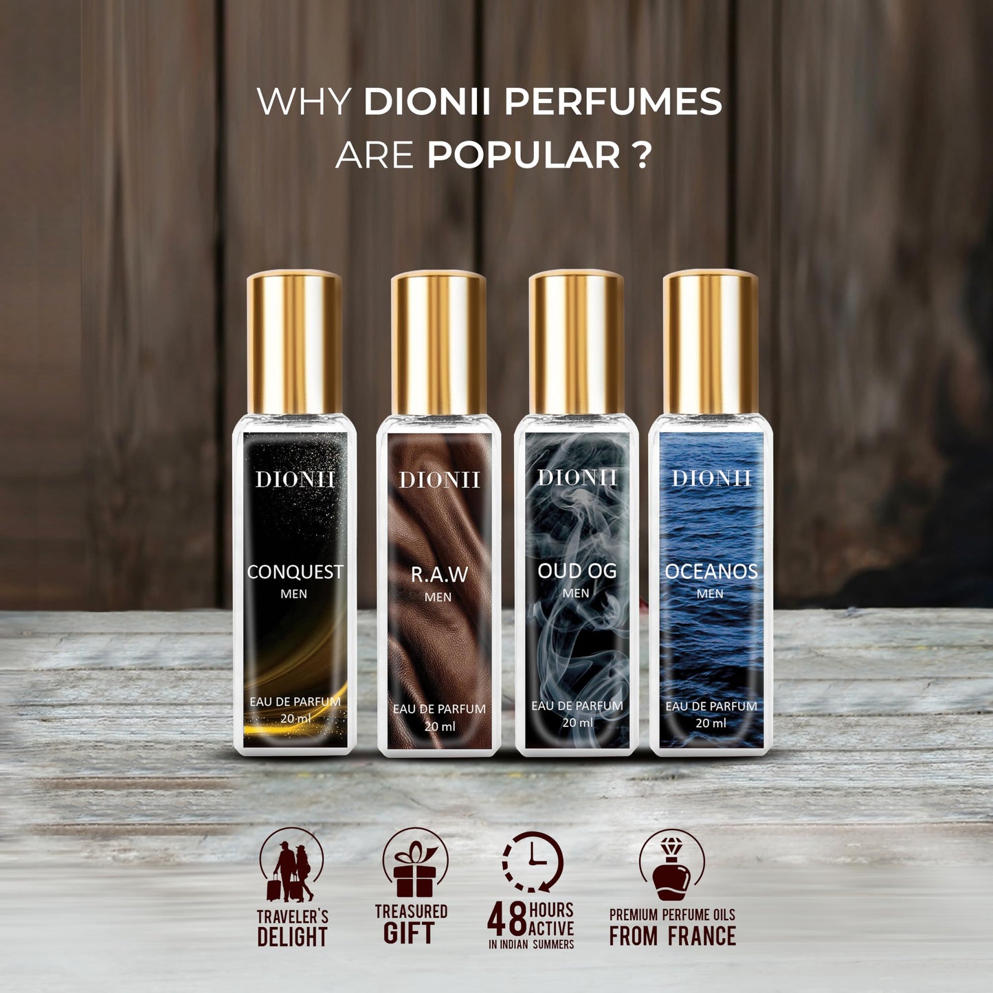 Dionii Eau De Parfum Gift Set for Men | OUD OG, R.A.W, CONQUEST, OCENOS Perfume Set | Long Lasting Fragrance (4 x 20ml Each)