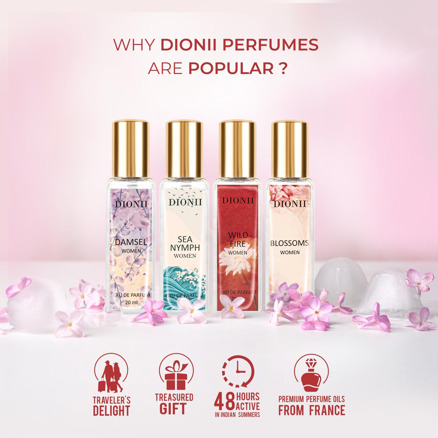 Dionii Eau De Parfum Gift Set for Women | BLOSSOMS, WILD FIRE, SEA NYMPH, DAMSEL Perfume Set | Long Lasting Fragrance (4 x 20ml Each)