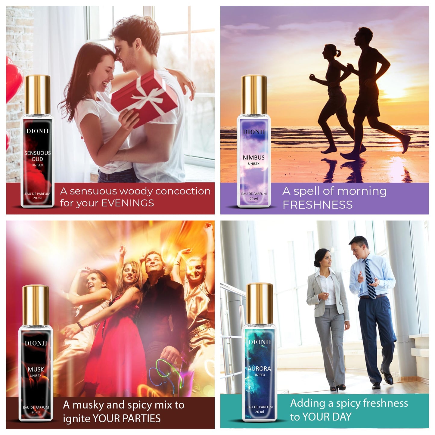 Dionii Eau De Parfum Gift Set for Men and Women | MUSK, AURORA, SENSUOUS OUD, NIMBUS Perfume Set | Long Lasting Fragrance (4 x 20ml Each)