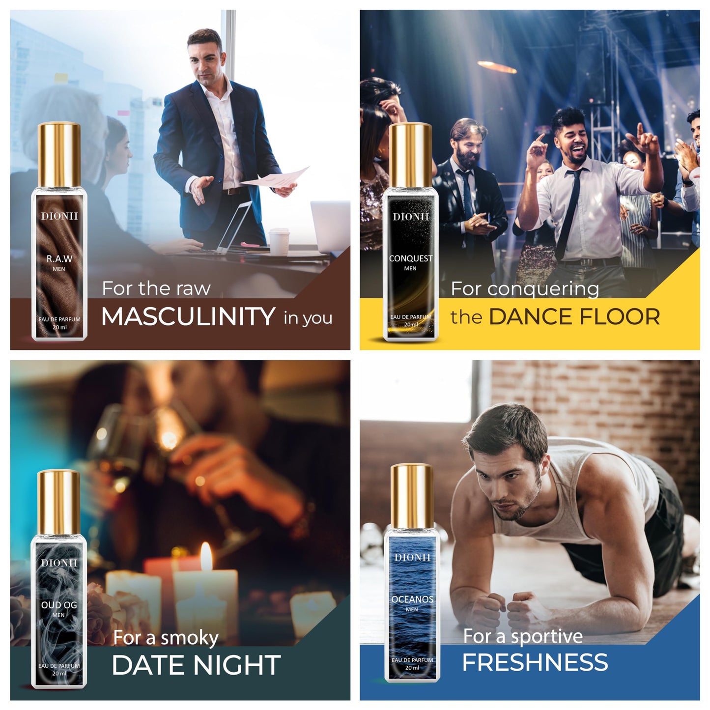 Dionii Eau De Parfum Gift Set for Men | OUD OG, R.A.W, CONQUEST, OCENOS Perfume Set | Long Lasting Fragrance (4 x 20ml Each)